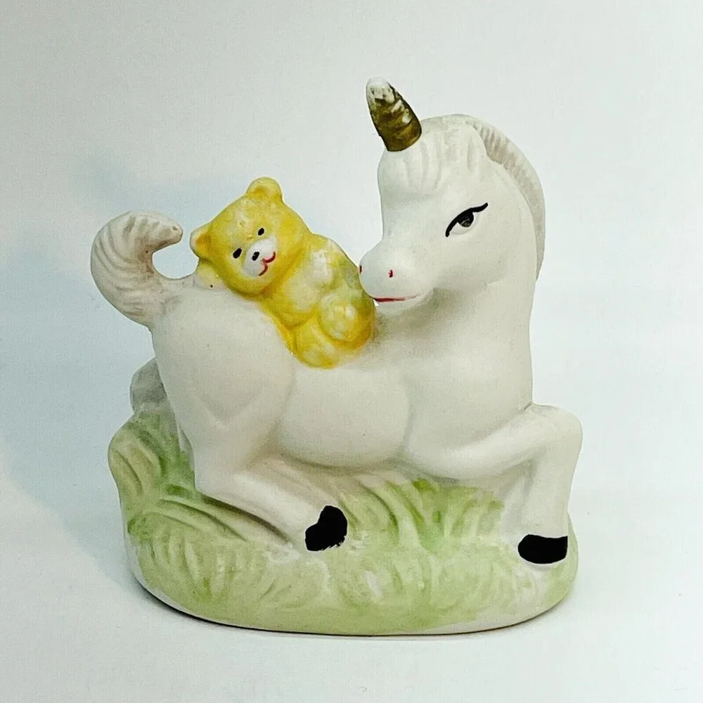 Whimsical Vintage Porcelain Figurine Yellow Teddy Bear Riding White Unicorn